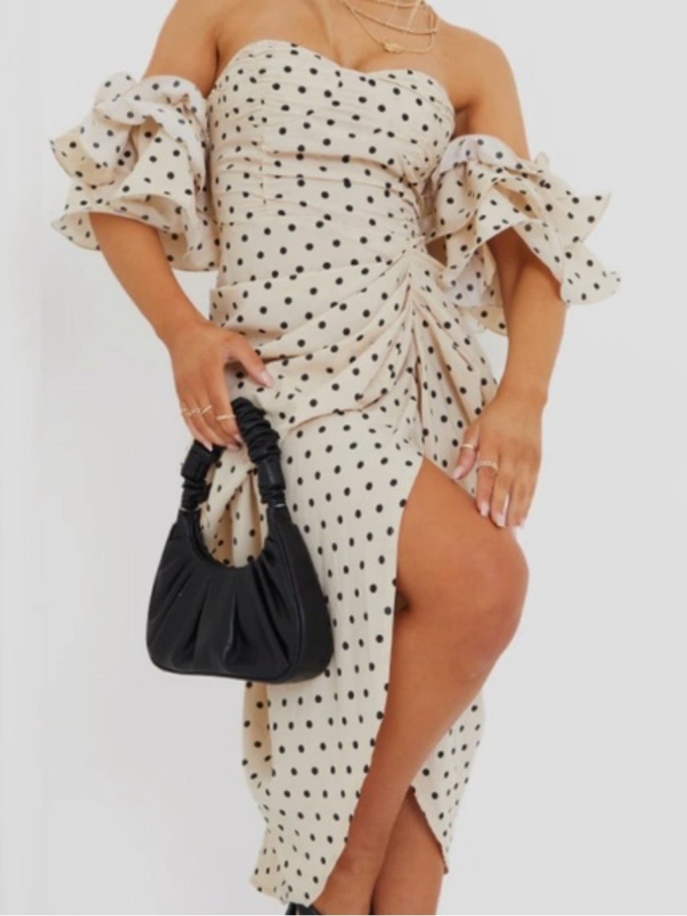 PrettyLittleThing Cream Polka Dot Strapless Ruffle Midi Dress